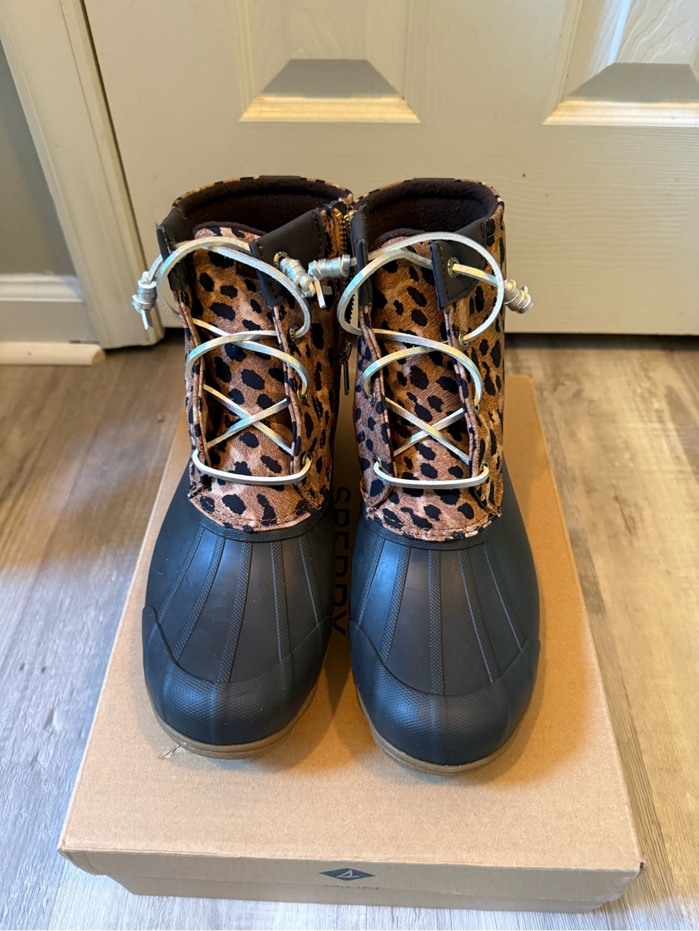Sperry Leopard Print Duck Boots - Black & Brown New